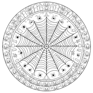 Magisches Spinnennetz-Mandala mit Kürbissen Ausmalvorlage für verträumte Spinnenfreunde