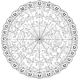Symmetrisches Kürbis-Mandala mit Fledermäusen Malbild für kleine Nachtschwärmer