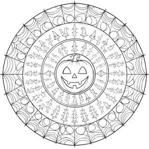 Verschnörkeltes Kürbis-Mandala mit Tannenbäumen Malvorlage für junge Waldgeister