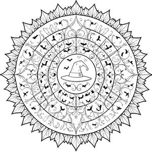 Verschnörkeltes Hexenhut-Mandala mit Fledermäusen Ausmalbild für kleine Zauberfreunde