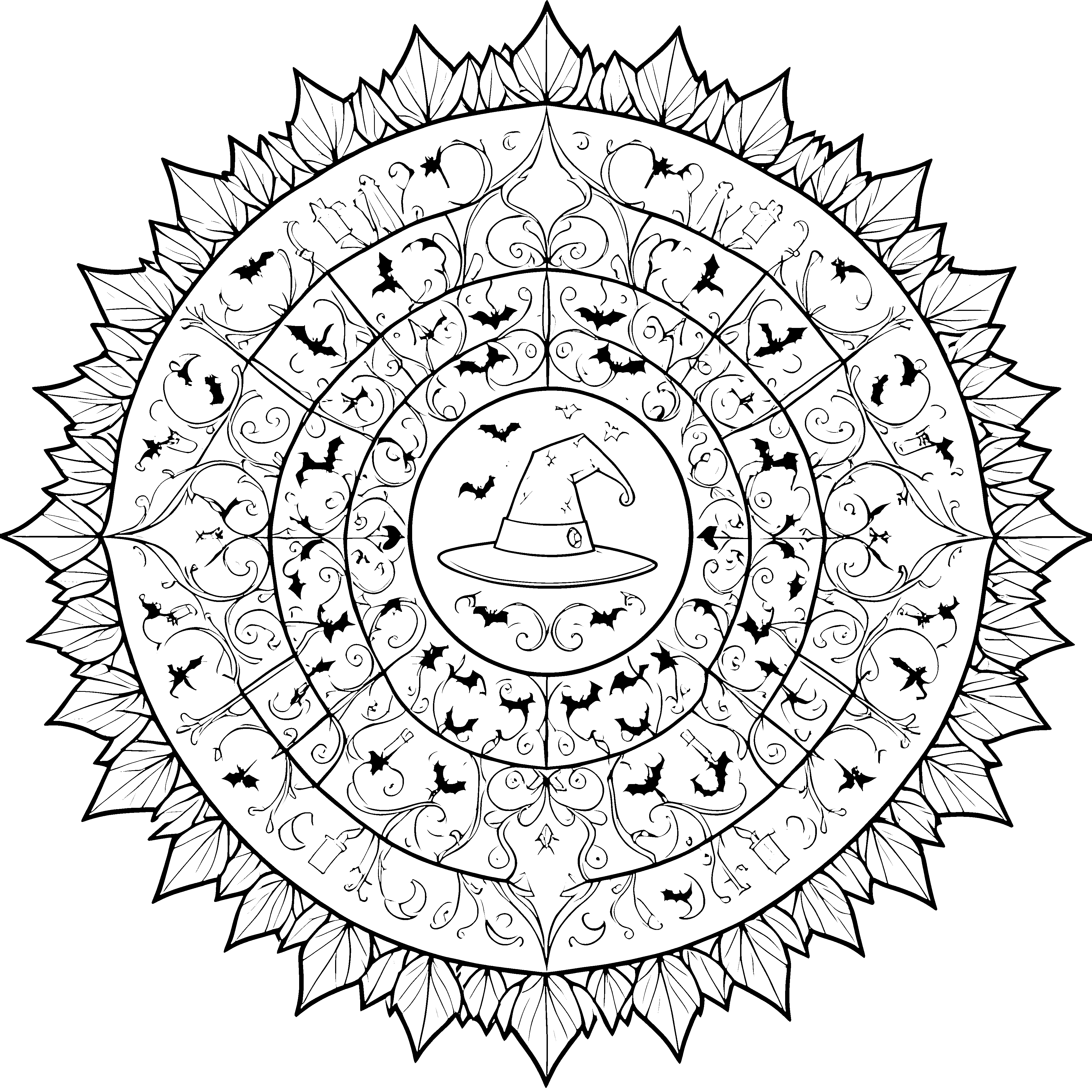 Verschnörkeltes Hexenhut-Mandala mit Fledermäusen Ausmalbild für kleine Zauberfreunde