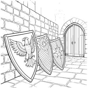 Prachtvolle Ritterschilde mit Wappen Ausmalbild für fröhliche Burgbewohner