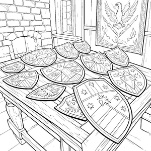 Stolze Ritterschilde mit Sternenwappen Malbild für neugierige Burgenkundige