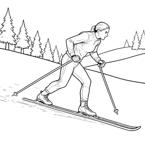 Flinke Langläufer in verschneiten Tannen Ausmalvorlage für Wintersportbegeisterte