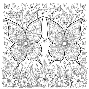 Verschnörbelte Schmetterlings-Mandalas mit Farnwedeln Malvorlage für mutige Blumenkinder