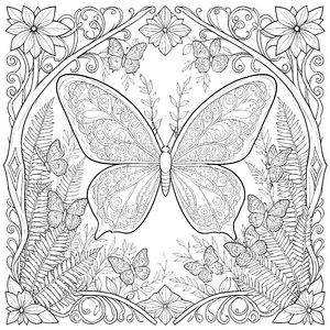 Üppiges Schmetterlings-Mandala mit Farnwedeln Bastelmotiv für junge Waldfreunde