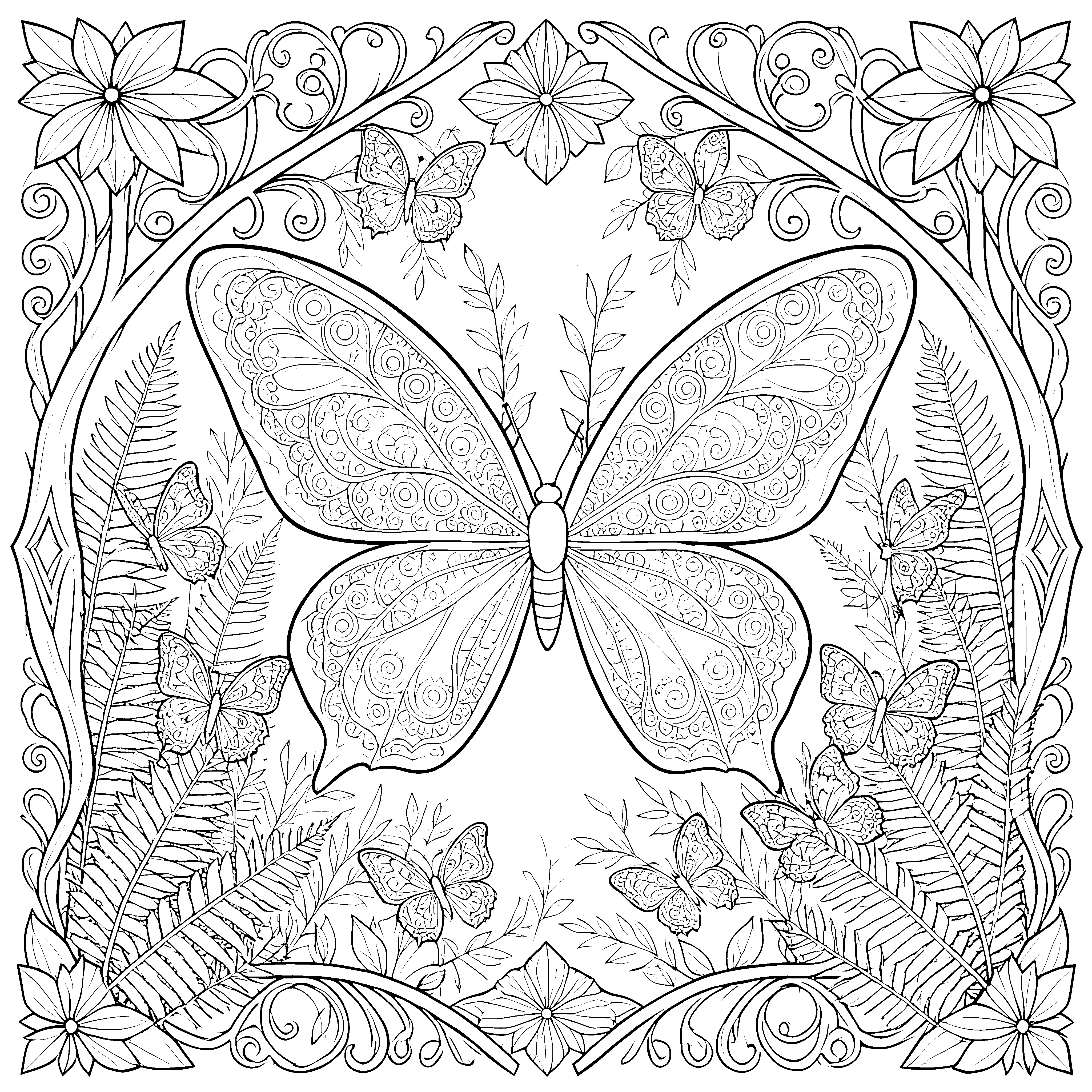 Üppiges Schmetterlings-Mandala mit Farnwedeln Bastelmotiv für junge Waldfreunde