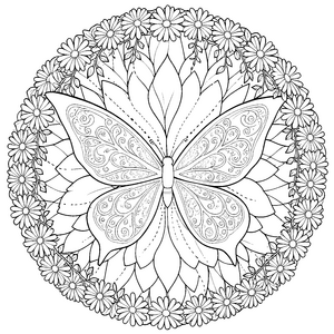 Detailreiches Schmetterlings-Mandala mit Blütenkranz Bastelmotiv für kleine Gartenmäuse