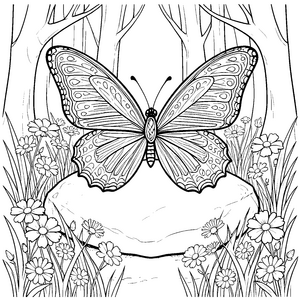 Prachtvolles Schmetterlings-Mandala auf Stein Ausmalbild für kreative Naturbegeisterte