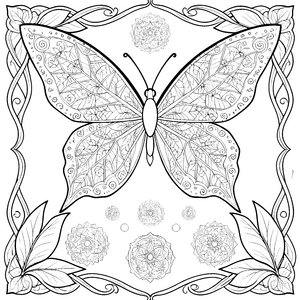 Prachtvolles Schmetterlings-Mandala mit Blattrahmen Malbild für neugierige Blumenstaubler