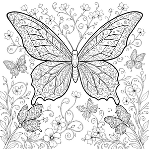 Geometrisches Schmetterlings-Mandala mit Blütenranken Ausmalbild für fröhliche Blumenbegeisterte