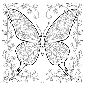 Filigranes Schmetterlings-Mandala mit Blütenranken Ausmalbild für neugierige Blumenfans