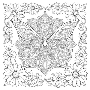 Detailreiches Schmetterlings-Mandala mit Blüten-Malbild für kleine Blütenzauberer