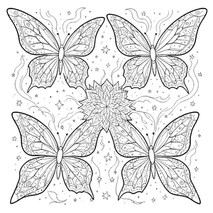Symmetrisches Schmetterlings-Mandala mit Sternen Ausmalbild für neugierige Sternenbauer