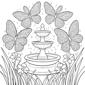 zauberhaftes Schmetterlings-Mandala am Springbrunnen Bastelvorlage für kreative Wasserfreunde
