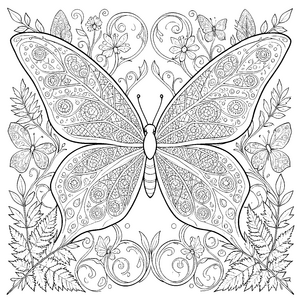 Filigranes Schmetterlings-Mandala mit Farnblättern Malvorlage für fröhliche Pflanzenfreunde