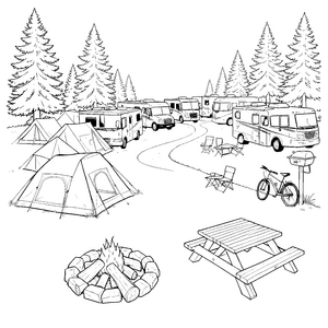 Abenteuerlicher Campingplatz mit Wohnmobilen Ausmalbild für verträumte Waldwanderer
