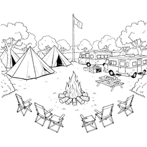 Gemütlicher Campingplatz mit Lagerfeuer Malvorlage für fröhliche Waldkinder