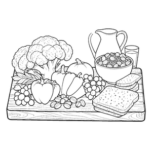 Bunter Gemüsetisch mit Brokkoli Malbild für Vitaminfreunde