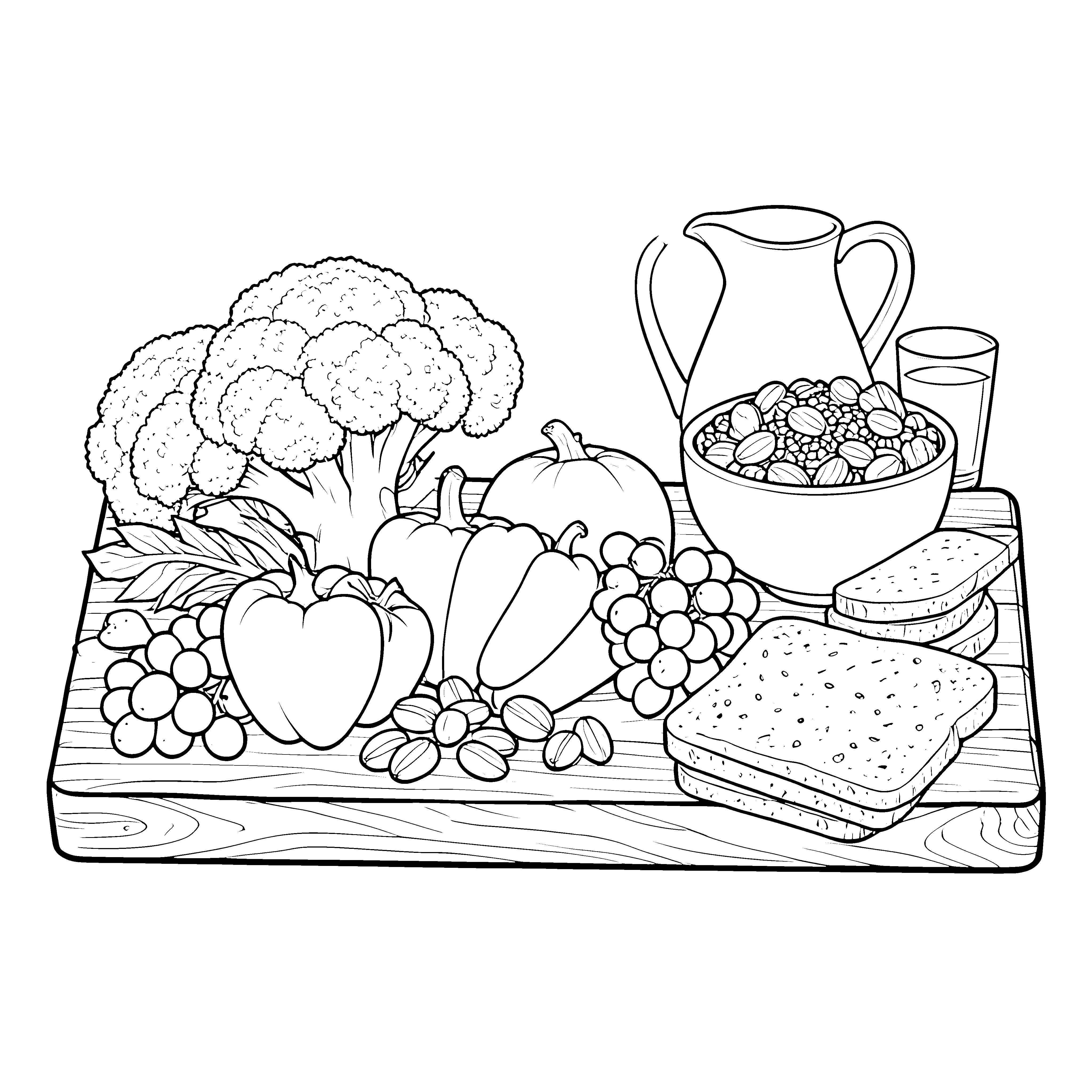 Bunter Gemüsetisch mit Brokkoli Malbild für Vitaminfreunde