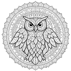 Filigrane Eule im Ornament-Mandala Malbild für Malfreude Waldgeister