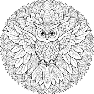 Symmetrische Eule im Blatt-Mandala Malvorlage für malfreudige Naturbegeisterte