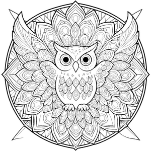 Detailreiche Eule im Ornament-Mandala Bastelvorlage für junge Federfreunde