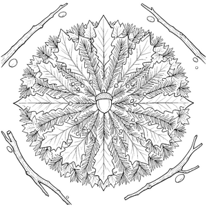 Herbstliches Eichenblatt-Mandala Ausmalbild für mutige Waldläufer