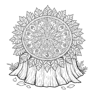 Fantastisches Blättermandala auf Baumstumpf Ausmalvorlage für neugierige Waldtiere