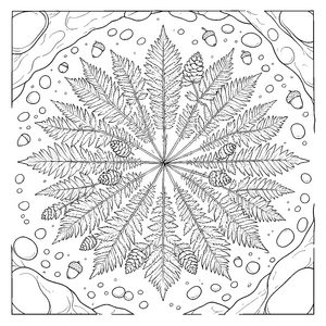 Symmetrisches Tannenzapfen und Nadelzweig-Mandala Ausmalvorlage für kleine Waldgeister