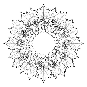 Herbstliches Ahornblatt und Tannenzapfen-Mandala Malvorlage für malfreudige Waldkinder