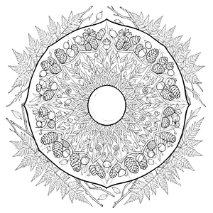Üppiges Farn und Zapfen-Mandala Malvorlage für kleine Waldkinder