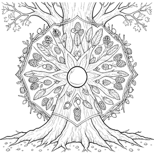 Prachtvolles Beeren und Zapfen-Mandala Bastelvorlage für fröhliche Baumfreunde