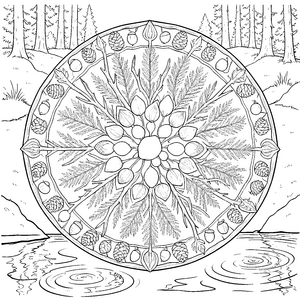 Wunderschönes Zapfen und Nadel-Mandala-Malbild für junge Waldkinder