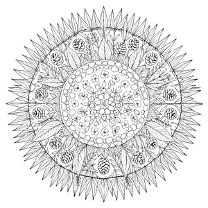 Symmetrisches Beeren und Zapfen-Mandala Ausmalvorlage für mutige Waldläufer