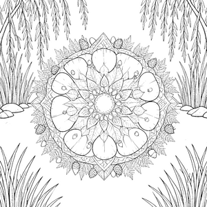 Harmonisches Seerosen und Tannenzapfen-Mandala Bastelmotiv für malfreudige Wassergeister