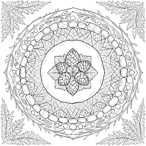 Ruhiges Tannenzapfen und Stein-Mandala-Ausmalbild für Naturfreunde