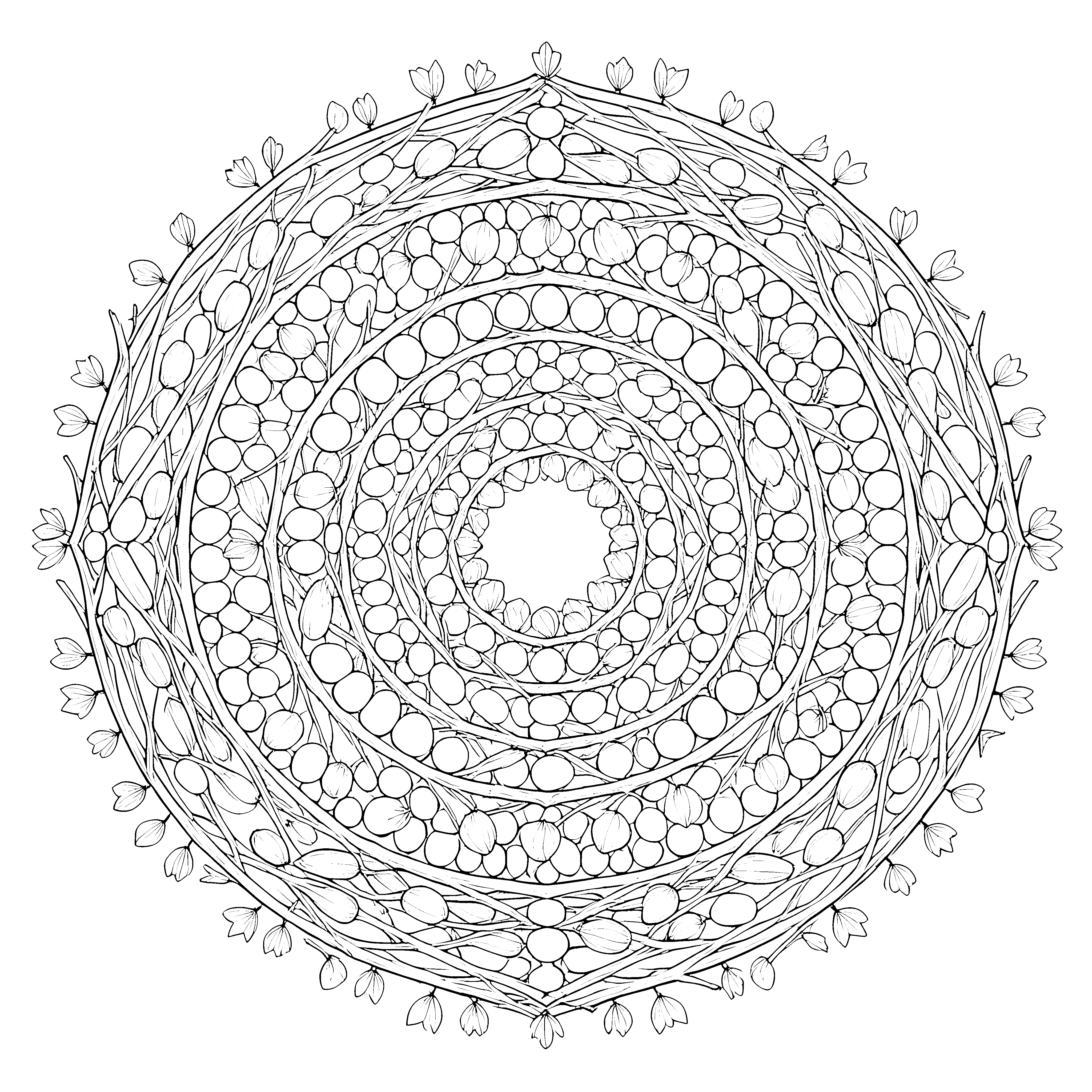 Filigranes Glockenblumen und Beeren-Mandala Bastelmotiv für Blumenkinder