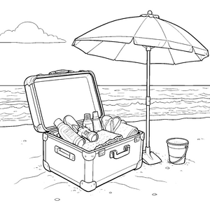 Sonniger Strandkoffer mit Sonnenschirm Ausmalbild für junge Sonnenanbeter