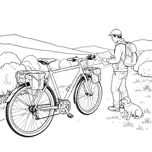 Abenteuerliche Fahrradtour mit Hund Ausmalvorlage für Wanderfreunde