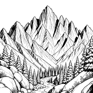 Schroffe Gebirgskette mit Bachlauf Ausmalbild für Abenteurer