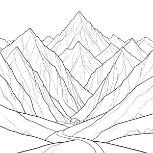 Erhabene Gebirgsspitzen mit Berghütte Ausmalbild für Berggeher