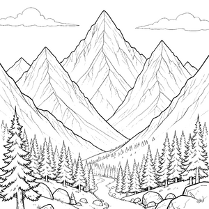 Majestätische Berglandschaft mit Nadelwald Malvorlage für fröhliche Waldläufer