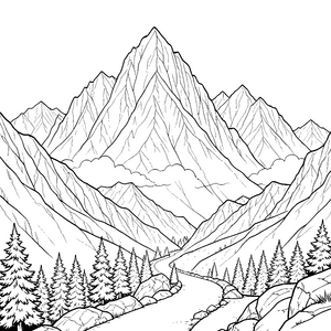 Majestätische Bergkette mit Flusslauf Bastelmotiv für Waldwanderer