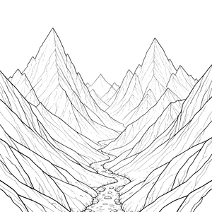 Imposante Bergspitzen mit steinigem Flusslauf Ausmalvorlage für Gebirgsfans