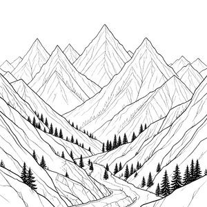Beeindruckende Bergwelt mit Fluss und Tannen Malbild für malfreudige Bergbegeisterte