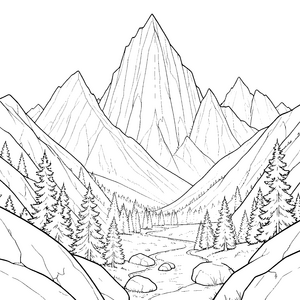 Spektakuläre Bergketten mit Fluss Malbild für kleine Naturkinder