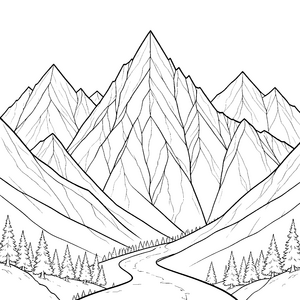Schroffe Bergspitzen mit Flusslauf Ausmalbild für verträumte Gebirgsforscher