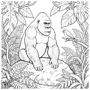 Majestätischer Gorilla mit Vogel Ausmalbild für verträumte Pflanzenfreunde