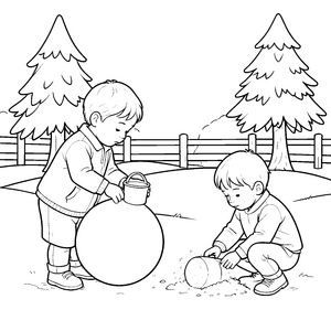 Verspielte Kinder mit großen Schneebällen Malbild für kreative Winterfreunde